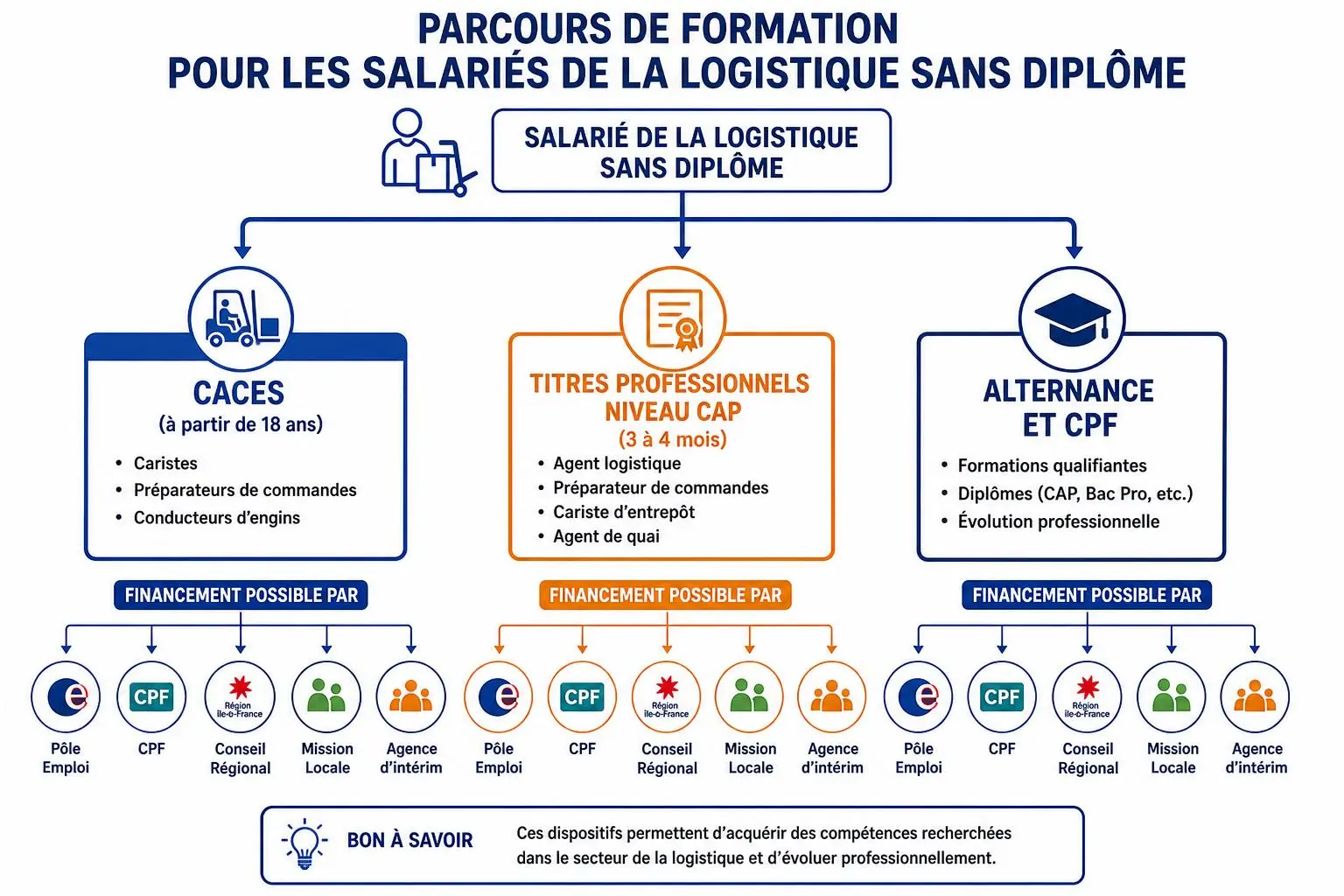 Parcours de formation pour les salariés de la logistique sans diplôme: options CACES, titres professionnels et alternance, avec financement possible par Pôle Emploi et CPF.