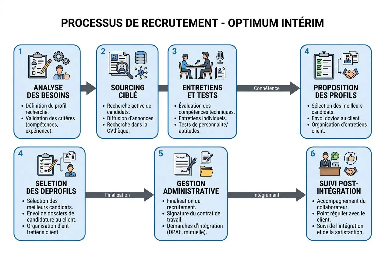 Processus de recrutement Optimum Intérim illustrant les étapes: analyse des besoins, sourcing ciblé, entretiens, proposition de profils, sélection des candidats, gestion administrative et suivi post-intégration, utile pour recrutement travailleurs roumains qualifiés.