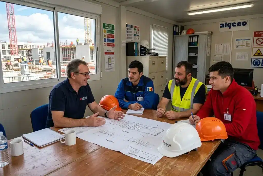 Professionnels en réunion sur plan d’implantation, échange autour des postes et sécurité sur un chantier; coopération efficace. Recrutement travailleurs roumains qualifiés au cœur de l’équipe.