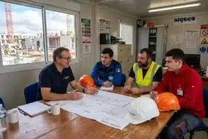 Professionnels en réunion sur plan d’implantation, échange autour des postes et sécurité sur un chantier; coopération efficace. Recrutement travailleurs roumains qualifiés au cœur de l’équipe.