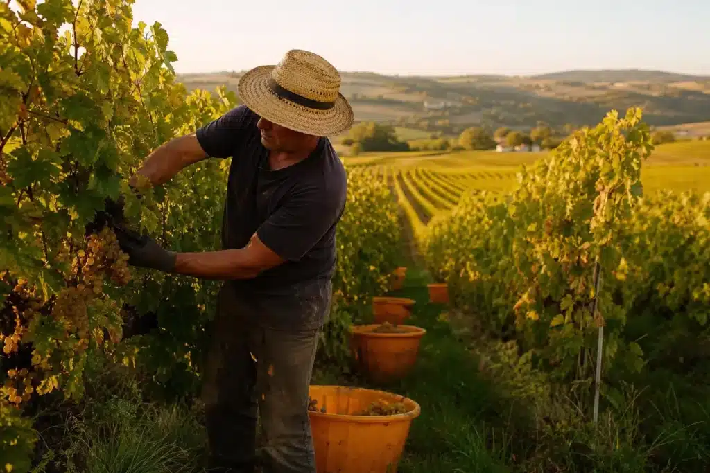 Travailleur dans un vignoble en été, récoltant des grappes de raisin sous un chapeau de paille, panorama de vignes et collines. Intérim agricole France.