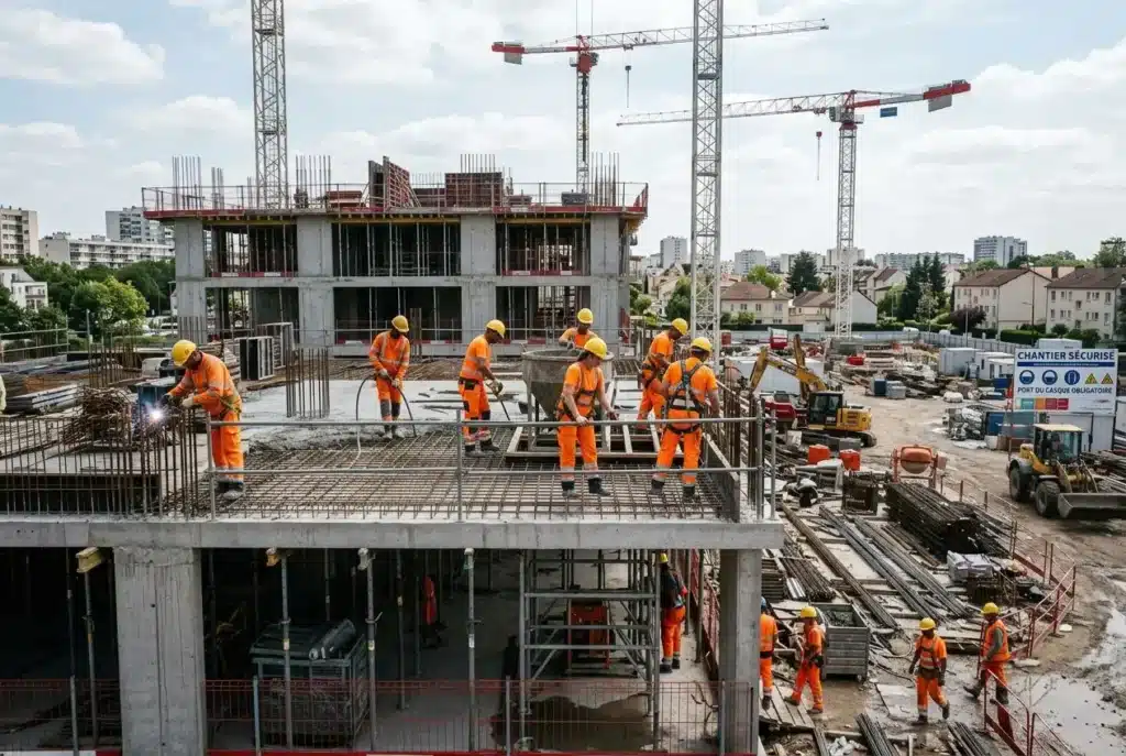 Travailleurs du BTP en orange sur un chantier en île-de-France, structure en béton et grues en arrière-plan. intérim btp île-de france.