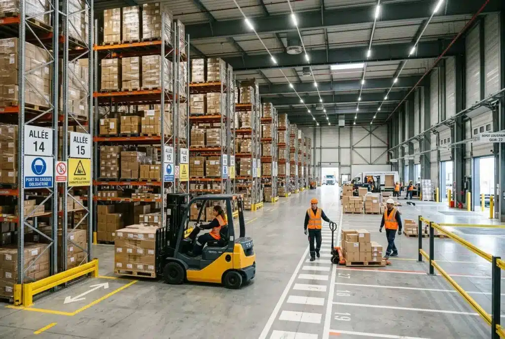 Warehouse animé montrant des magasiniers et un chariot élévateur dans un espace de stockage industriel, illustrant les métiers de la logistique.