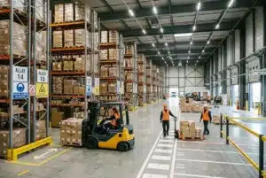 Warehouse animé montrant des magasiniers et un chariot élévateur dans un espace de stockage industriel, illustrant les métiers de la logistique.