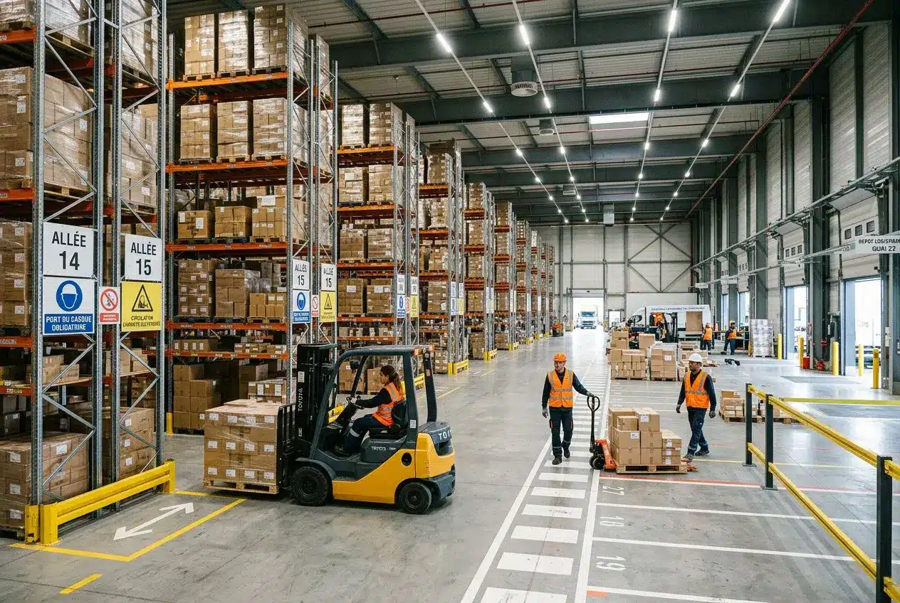 Warehouse animé montrant des magasiniers et un chariot élévateur dans un espace de stockage industriel, illustrant les métiers de la logistique.