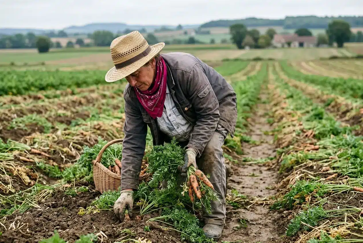 Agriculteur récoltant des carottes dans un champ, portant chapeau et foulard, avec panier, travail manuel en pleine terre. tarif prestation de service agricole main-d'œuvre