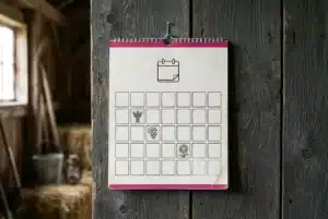 Calendrier mensuel accroché sur une planche en bois, tête de calendrier et motifs de fruits/légumes. intégration du terme calendrier travaux saisonniers agriculture.