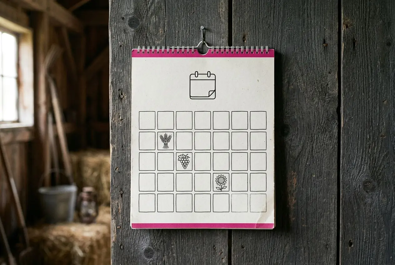 Calendrier mensuel accroché sur une planche en bois, tête de calendrier et motifs de fruits/légumes. intégration du terme calendrier travaux saisonniers agriculture.