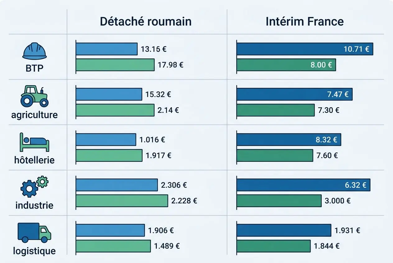 Détaché roumain vs Intérim France: comparaison des coûts par secteur (BTP, agriculture, hotellerie, industrie, logistique) avec chiffres affichés.