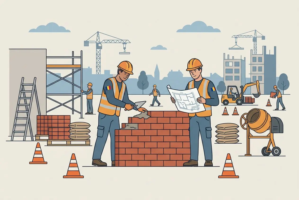 Deux ouvriers sur un chantier en train de bâtir un mur en briques, avec casques, plans et équipements de construction autour.