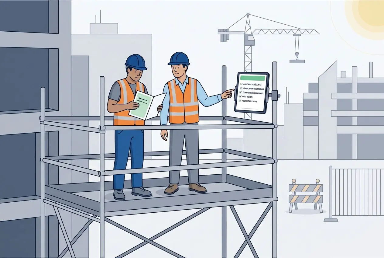 Deux ouvriers en hauteur sur une plateforme scénique, l’un lit un document et l’autre pointe un écran tactile affichant une liste, dans un chantier. Obligations légales agence détachement.