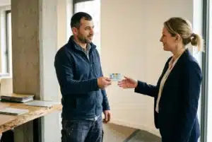 Deux personnes échangent un badge ou une carte d’identification dans un espace professionnel, dialoguant près d’un bureau.