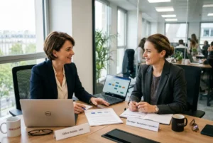 Deux professionnelles en réunion dans un bureau, échange amical autour de documents et ordinateurs portables.