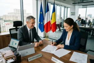 Deux professionnels signent des documents lors d’une réunion, avec les drapeaux de l’UE et de plusieurs États derrière eux, symbolisant un détachement salarié à l’étranger.