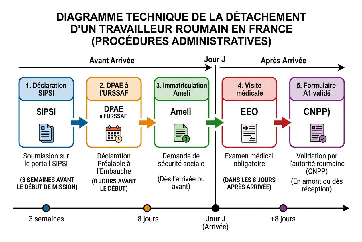 Diagramme montrant le processus d’affichage d’un travailleur roumain en France (procédures administratives), de la déclaration SIPSI à l’immatriculation Ameli, visite médicale et formulaire CNPP, dans le cadre d’une agence intérim Roumanie France.