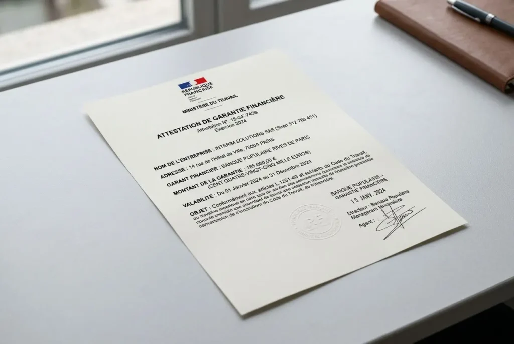 Document officiel affichant une attestation de garantie financière pour travail temporaire posée sur un bureau, visible au format A4.
