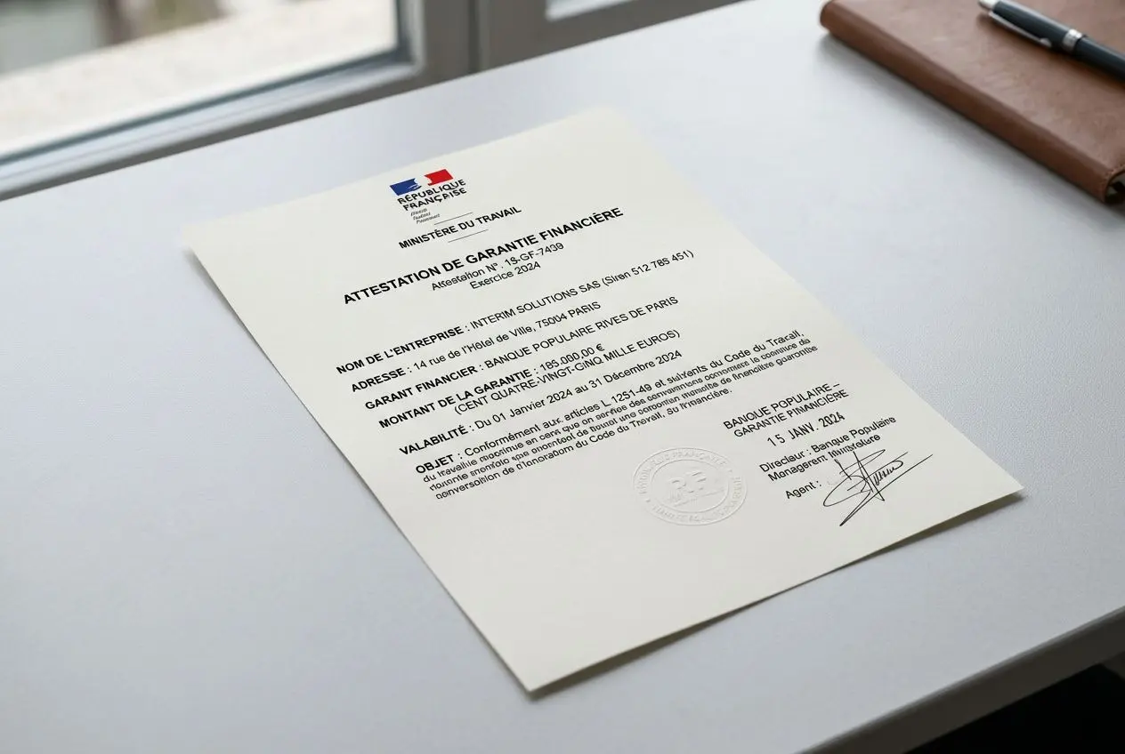 Document officiel affichant une attestation de garantie financière pour travail temporaire posée sur un bureau, visible au format A4.