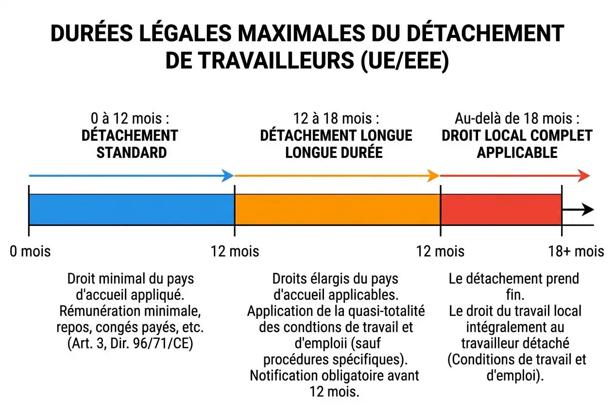 DURÉES LÉGALES DU DÉTACHEMENT DE TRAVAILLEURS: timeline avec 0–12 mois détachement standard, 12–18 mois détachement long, au-delà de 18 mois droit local complet; mentions droit d’accueil, congés et conditions de travail. Détachement salarié à l'étranger.