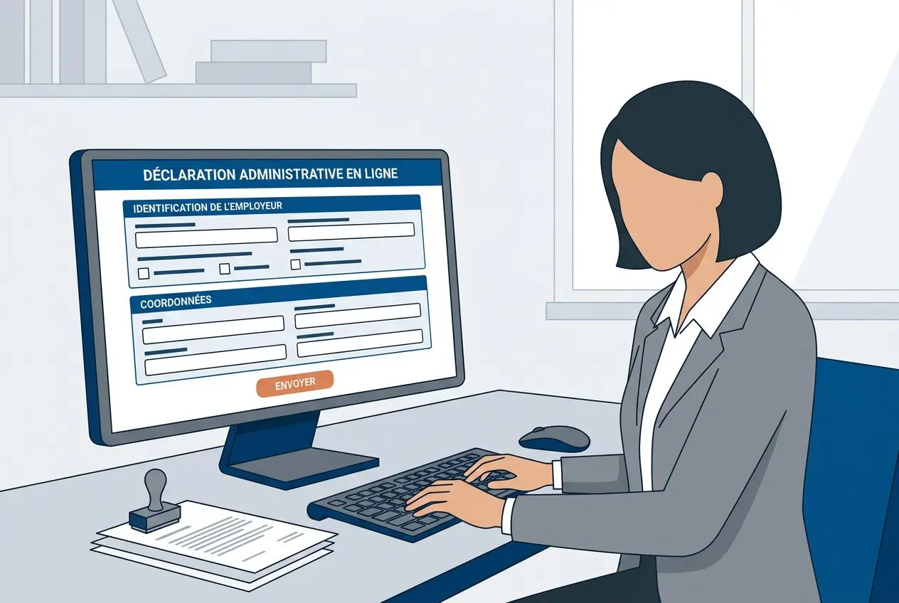 Femme logicielle au bureau saisissant une déclaration administrative en ligne sur un écran d’ordinateur, formulaire d’employeur et de coordonnées visibles. Obligations légales agence détachement mentionnées.