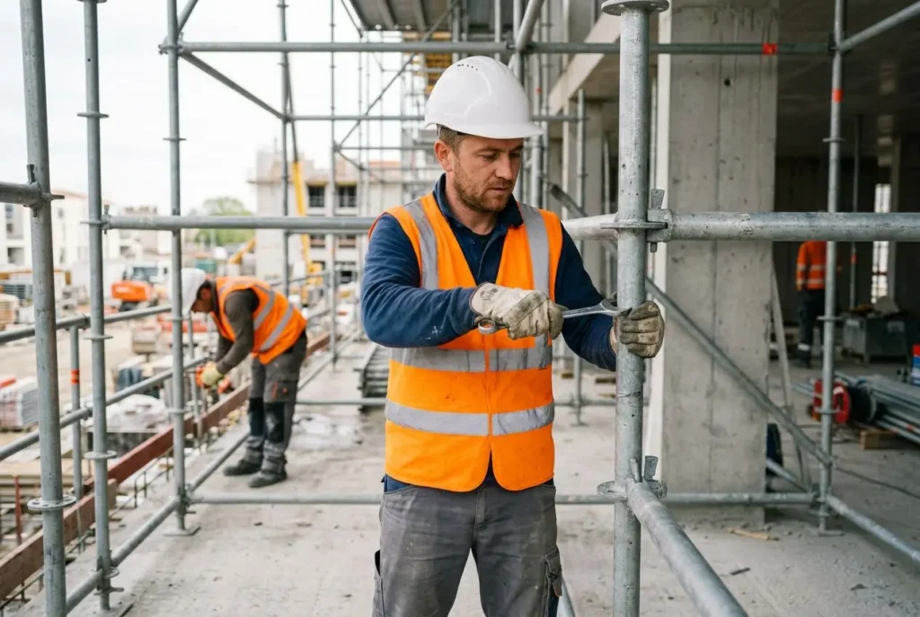 Homme en chantier portant gilet orange et casque blanc, travaillant sur une structure métallique. Keyword intégré: coût détachement travailleur roumain france.