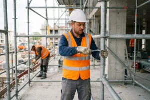 Homme en chantier portant gilet orange et casque blanc, travaillant sur une structure métallique. Keyword intégré: coût détachement travailleur roumain france.