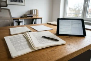 Papiers et documents administratifs sur un bureau en face d’une tablette affichant un formulaire, ambiance de travail et conformité. Obligations légales agence détachement mentionnées.