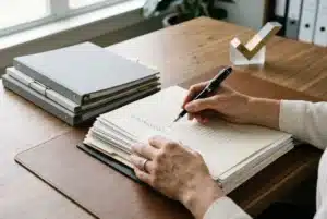 Personne écrivant dans un carnet sur un bureau en bois, avec des dossiers et un petit repère doré en arrière-plan, illustration d’un audit de conformité en contexte professionnel.