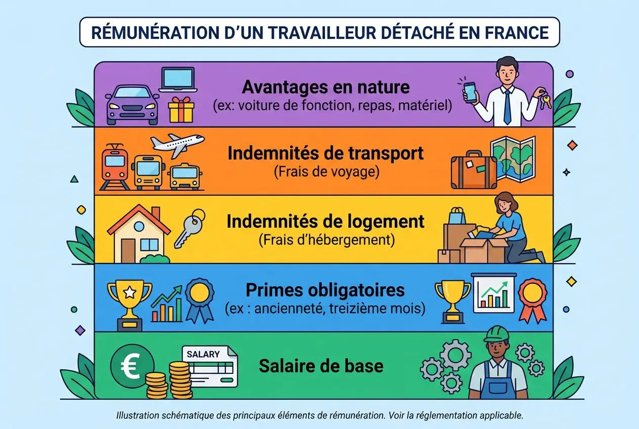 Rémunération d’un travailleur détaché en France : base salariale et avantages en nature, primes, indemnités et frais de transport. Détachement salarié à l’étranger.