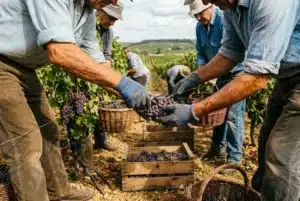 Travailleurs agricoles récoltant des grappes de raisin dans une vigne, tranche horaires et paniers en osier. agence intérim agriculture saisonnière.