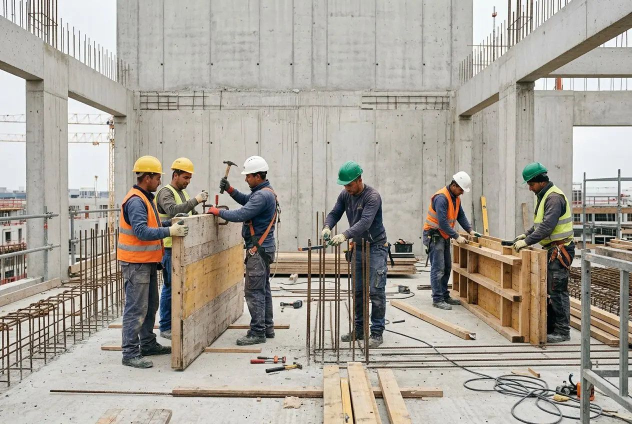 Travailleurs de chantier portant casques et gilets, assemblage de murs en béton sur un site de construction. interim construction roumanie intégré naturellement.