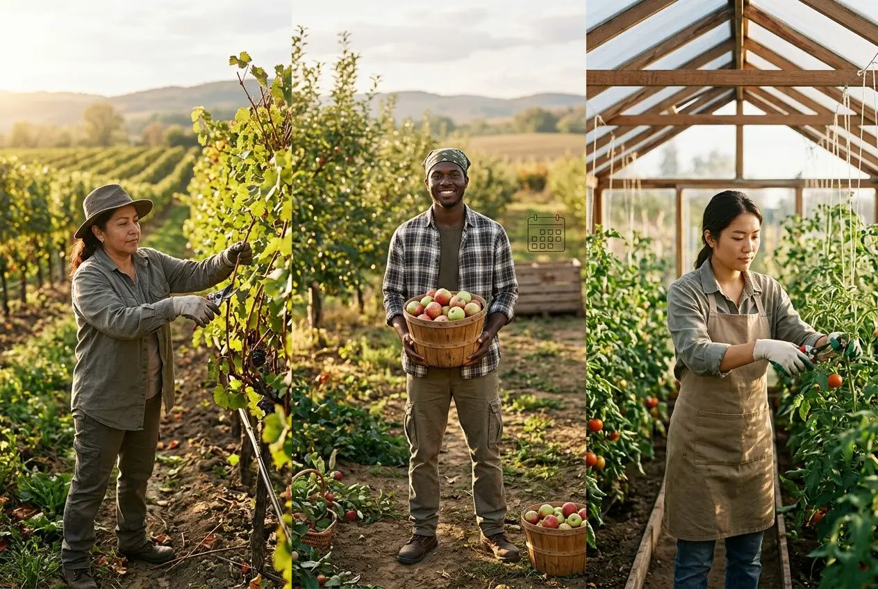 Trois travailleurs agricoles cueillant et récoltant des fruits dans une plantation, ambiance matinale en extérieur, avec paniers remplis de pommes. calendrier travaux saisonniers agriculture, saison par saison.