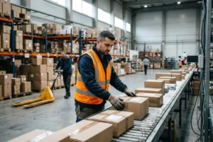 Agent de logistique en Roumanie sur une chaîne de tri, portant gilet orange, manipulation de colis dans un entrepôt. interim logistique industrie roumanie.