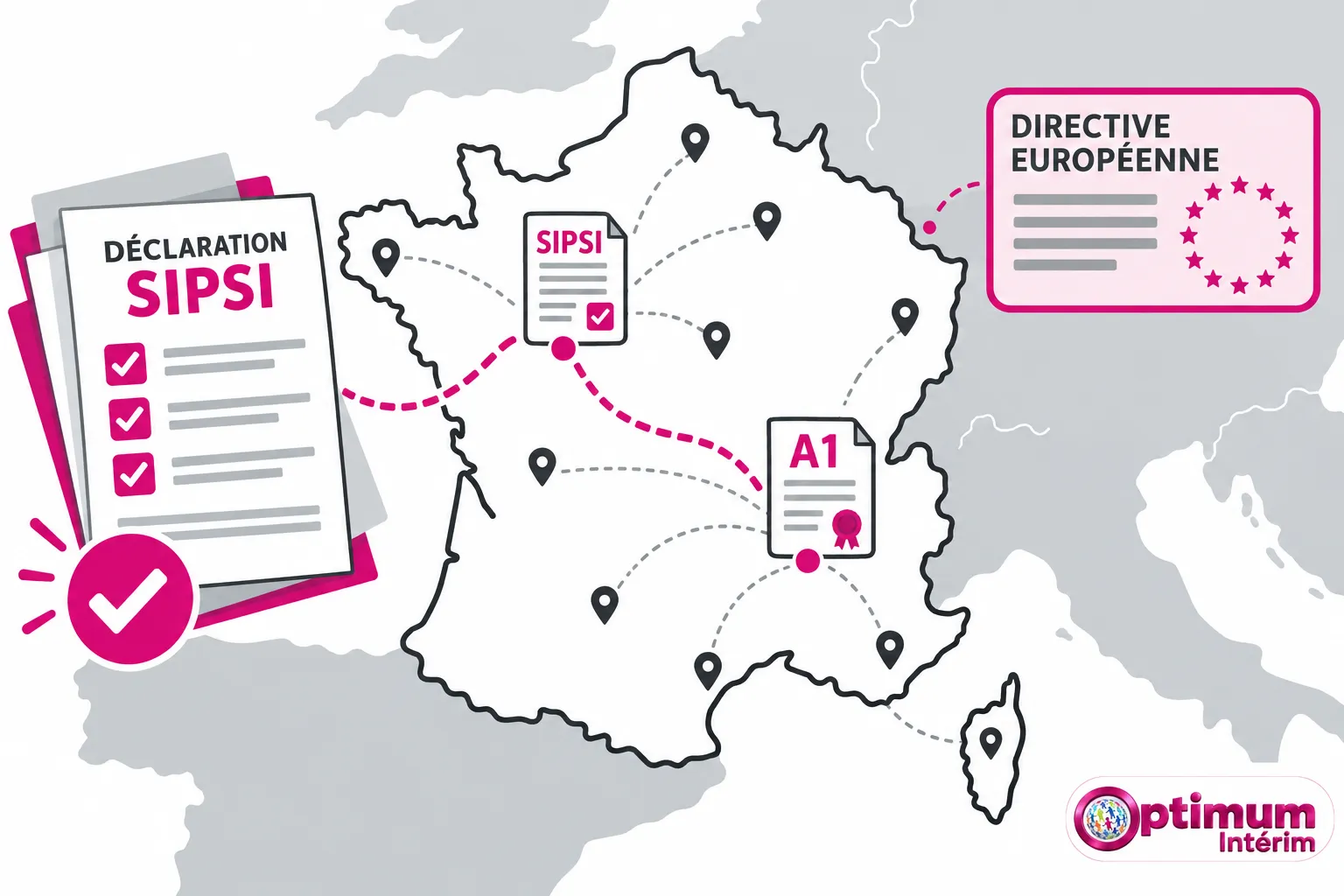 Carte de la France avec des documents et flèches pointant vers différentes régions, symbolisant des procédures et