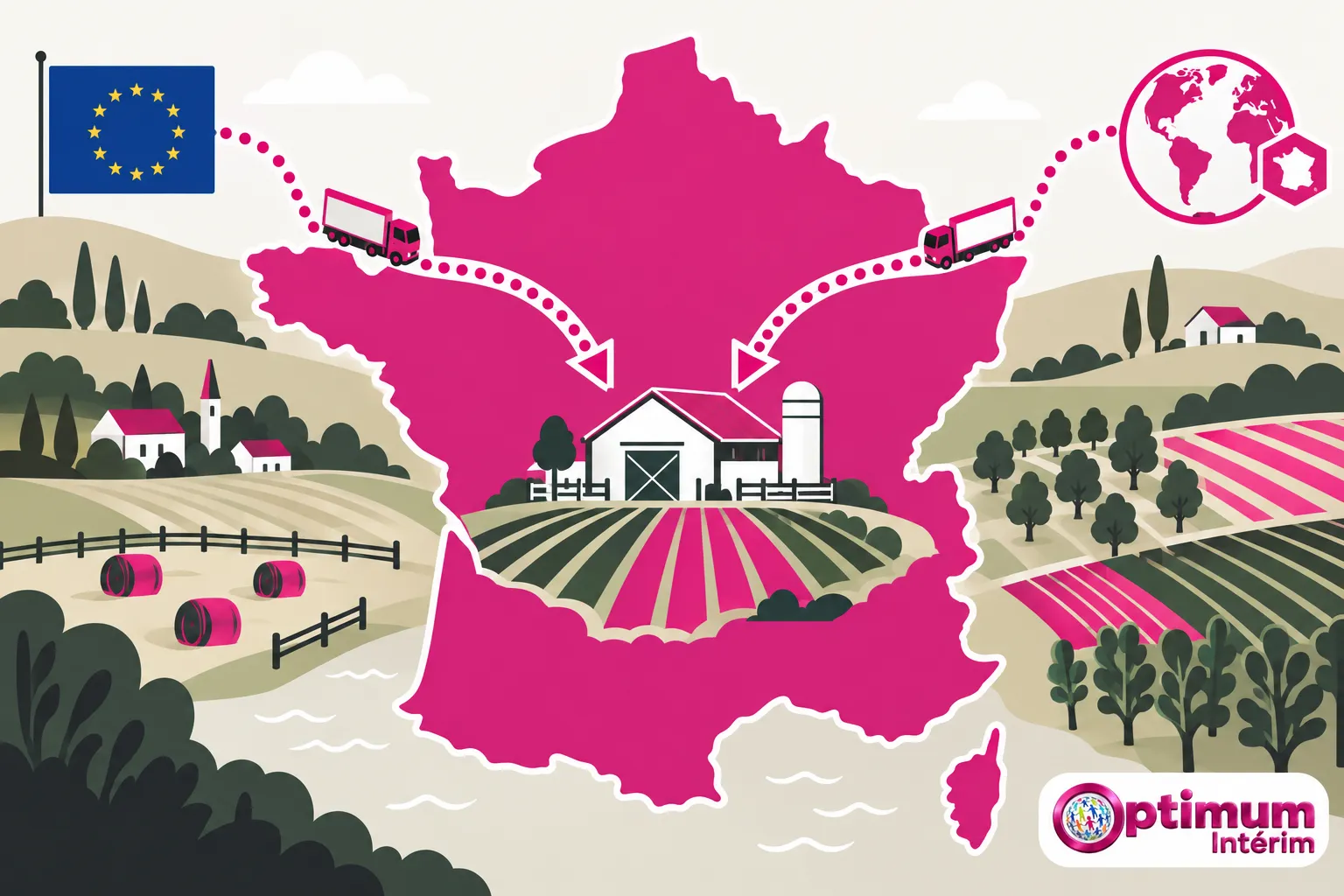 Carte de la France avec des éléments agricoles et une ferme au centre, entourée de champs et de routes reliant des camions.