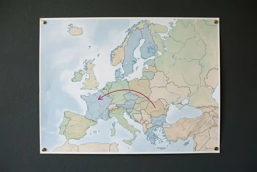 Carte de l’Europe montrant un trajet migratoire ou de déplacement avec une flèche rouge desservant l’Espagne et la France vers l’Est, évoquant les droits travail roumain france.