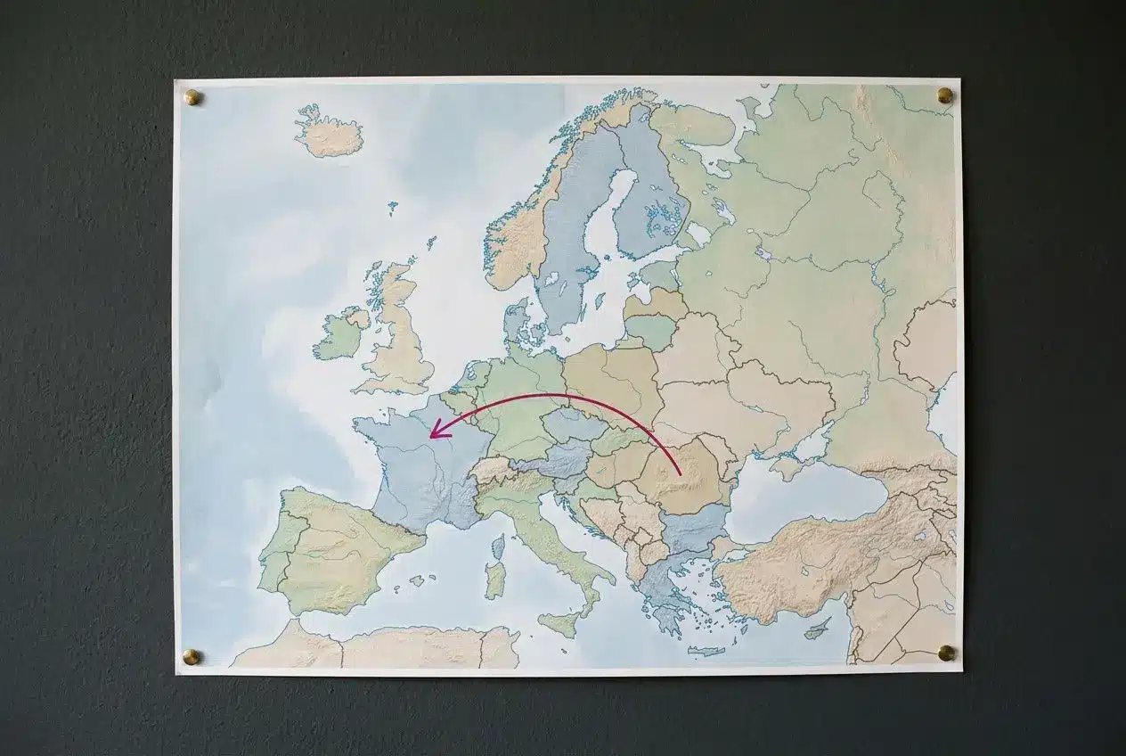 Carte de l’Europe montrant un trajet migratoire ou de déplacement avec une flèche rouge desservant l’Espagne et la France vers l’Est, évoquant les droits travail roumain france.
