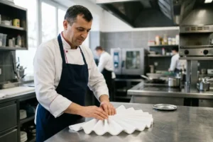 Chef en cuisine réglant une nappe en tissus blancs, dans une cuisine professionnelle équipée