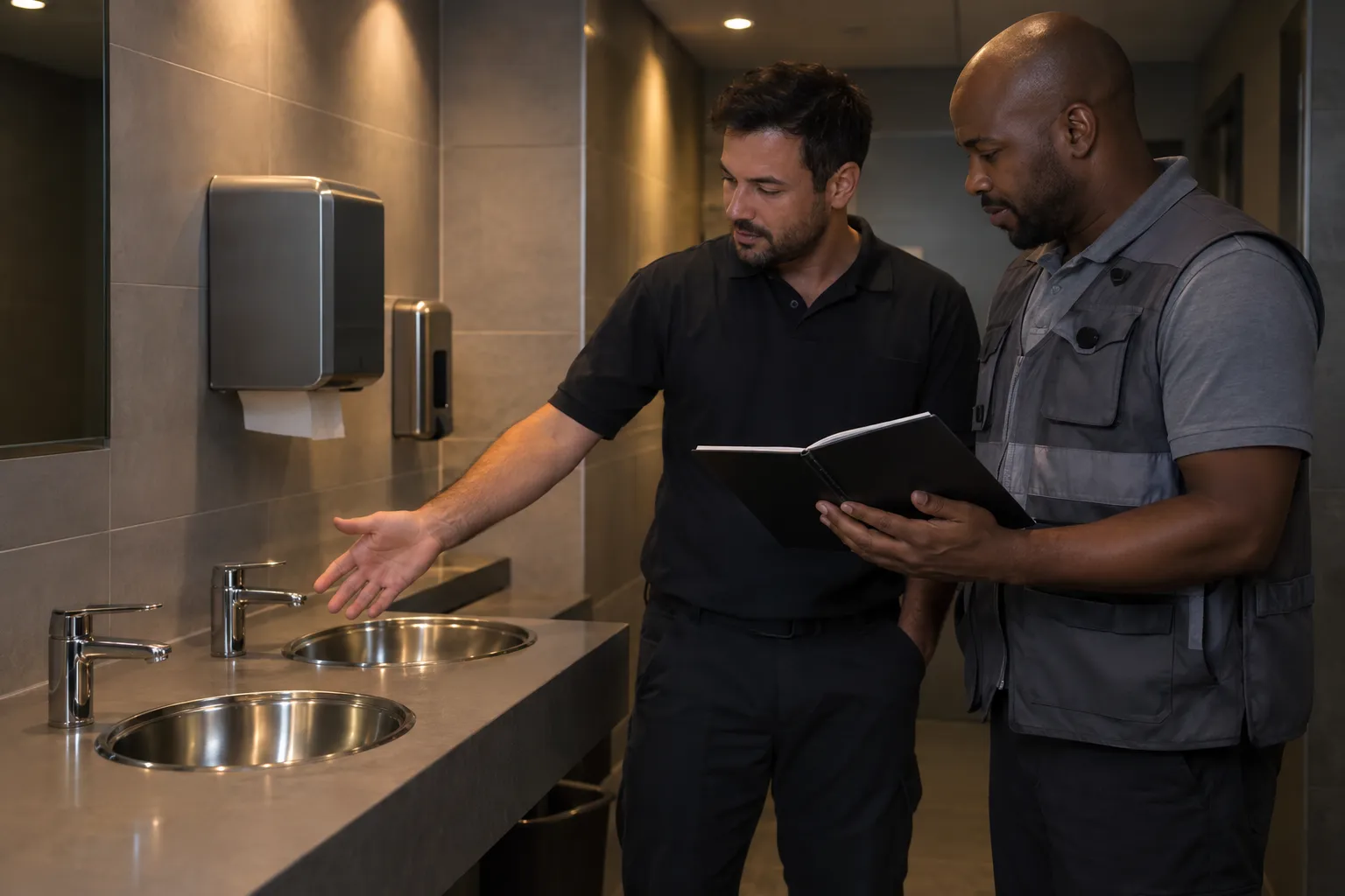 Deux hommes discutent près d’un lavabo en salle de repos: l’un explique en levant la main devant le poste de lavage, l’autre tient un carnet. Alt: normes de sécurité et d'hygiène au travail à travers une démonstration en espace sanitaire.