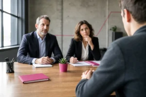 Deux professionnels en réunion avec un candidat dans un espace moderne; un homme et une femme en tenue formaliste écoutent attentivement. cabinets de recrutement en roumanie