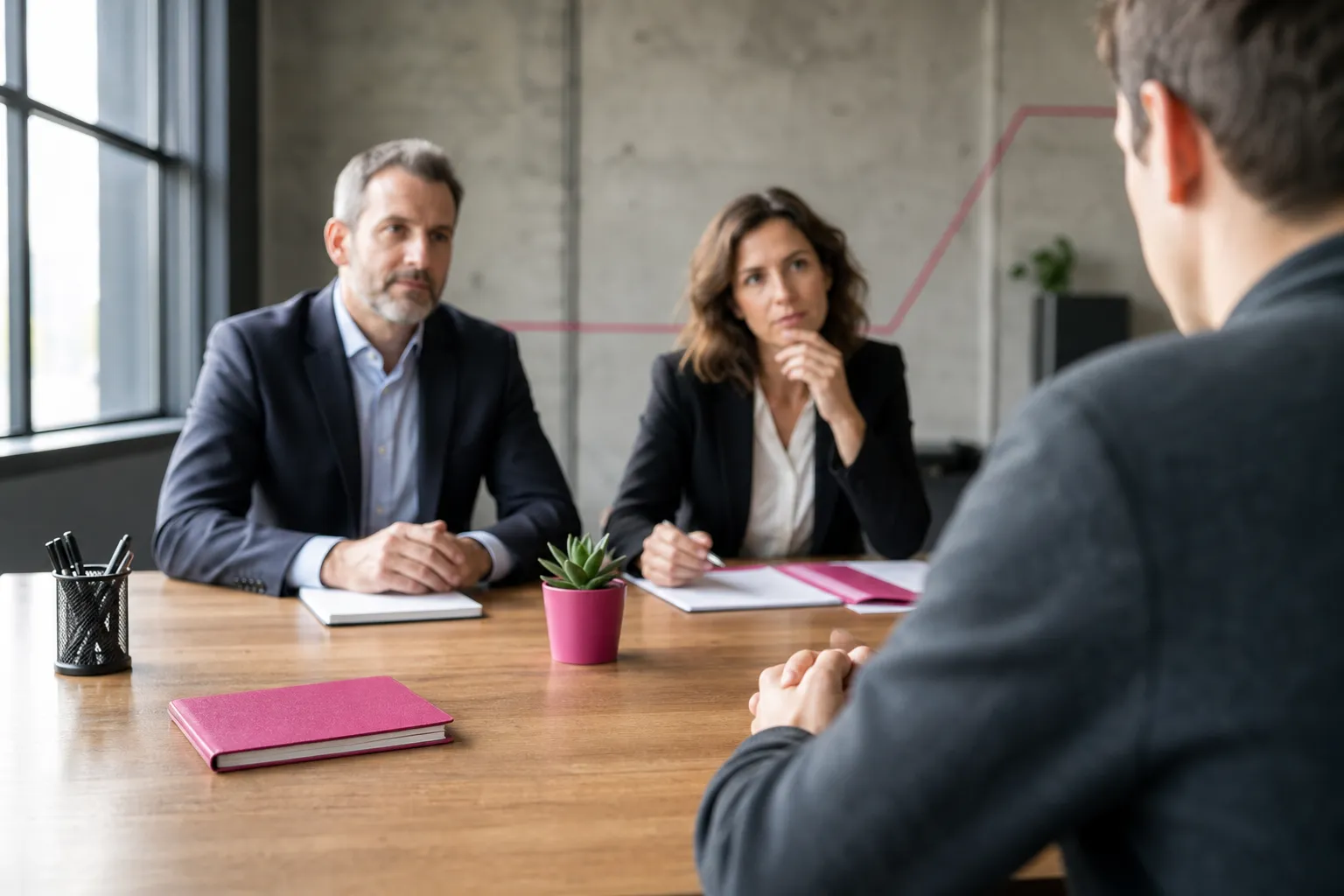 Deux professionnels en réunion avec un candidat dans un espace moderne; un homme et une femme en tenue formaliste écoutent attentivement. cabinets de recrutement en roumanie