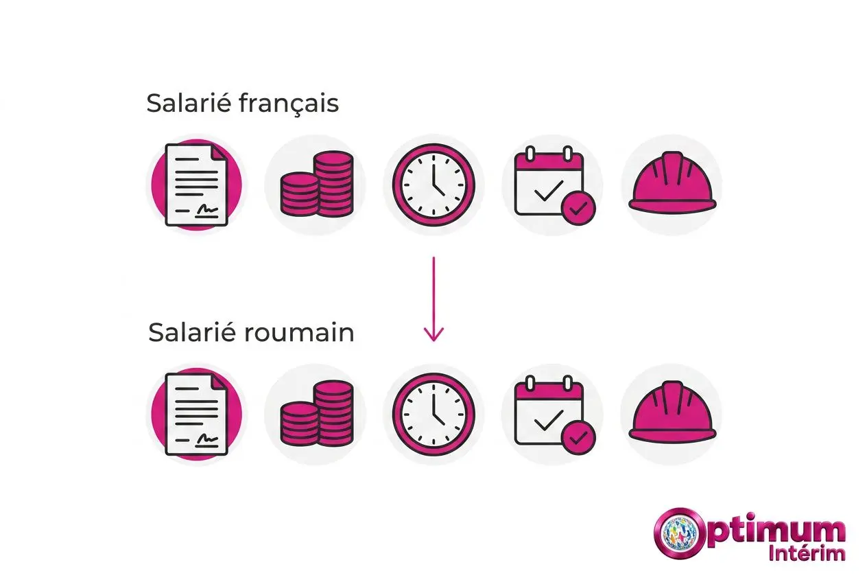 Droits travail roumain en France : illustration montrant égalité entre salarié français et salarié roumain avec documents, rémunération, horloge, calendrier et casque de sécurité, logo Optimum Intérim.