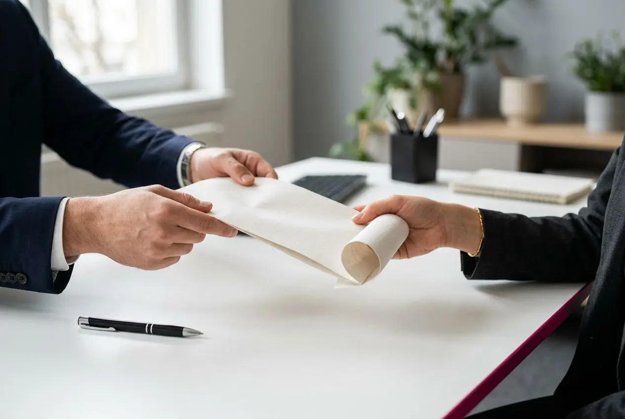 Échange de documents entre deux personnes, signature d’un contrat ou d’un accord sur le lieu de travail. Contrat intérimaire détaché comment ça marche.