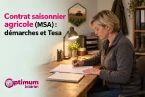 Une femme assise à un bureau écrit sur un document avec une lampe et des plantes sur le fond.