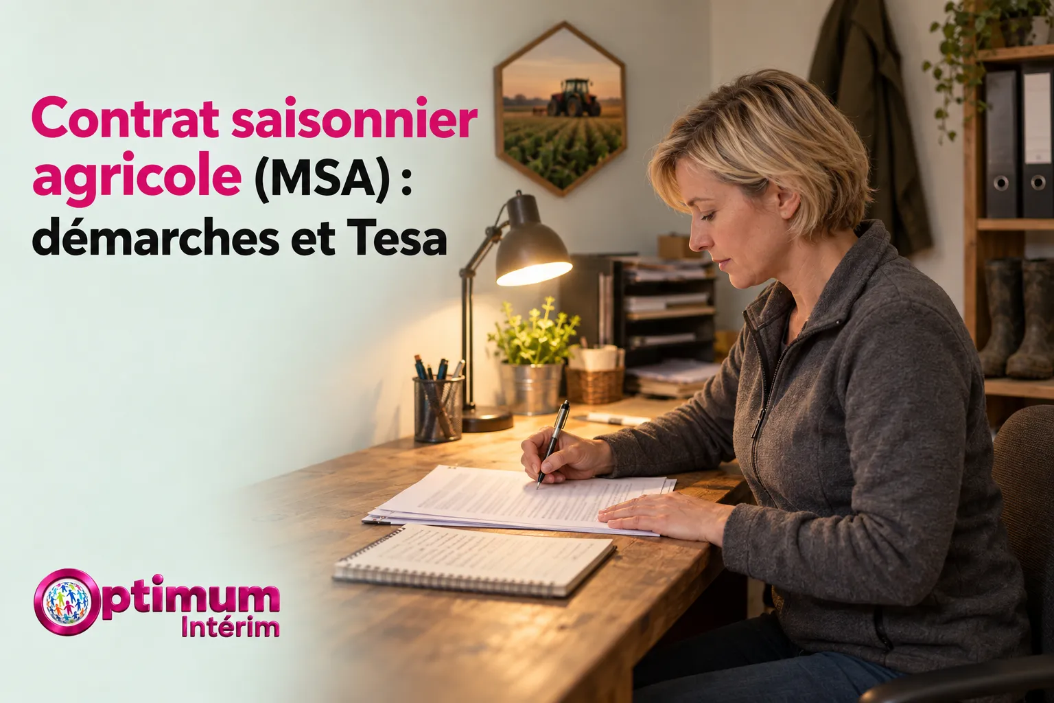 Une femme assise à un bureau écrit sur un document avec une lampe et des plantes sur le fond.