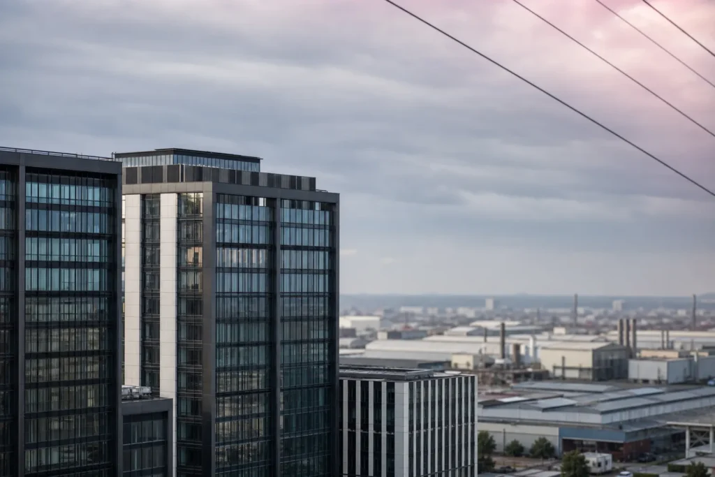 Gratte-ciel modernes reflétés au crépuscule, horizon industriel et lignes électriques survolant le paysage urbain. marche travail roumanie inclue naturellement? Non, just description. Alt: Gratte-ciel modernes près d’un bassin urbain industriel au crépuscule.