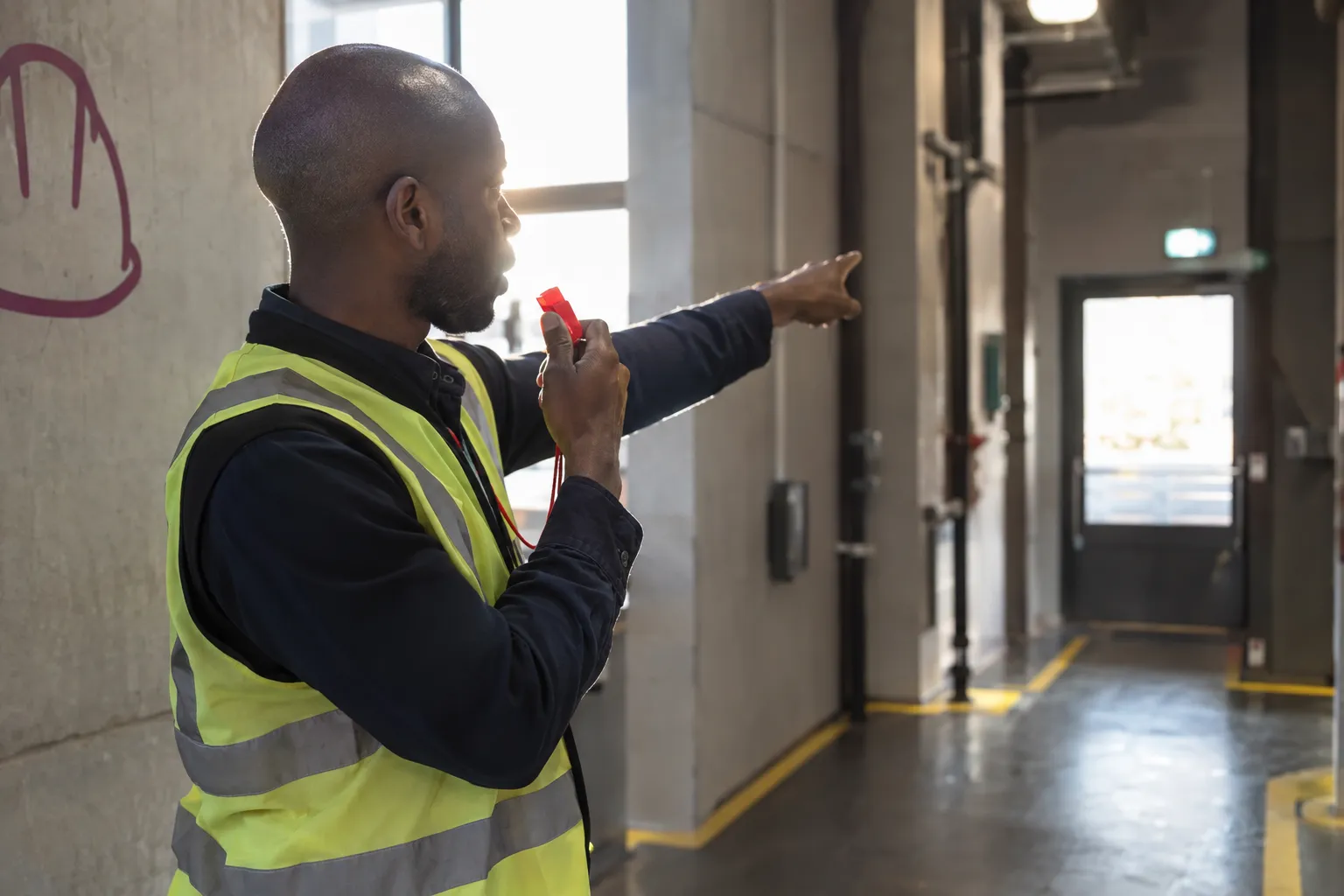 Homme en gilet jaune fluo donnant des indications dans un couloir industriel, tenant un talkie-walkie et pointant vers l’arrière. Normes de sécurité et d'hygiène au travail.