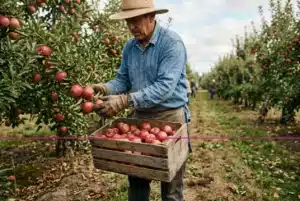 Homme paysan en chemise bleue et chapeau de paille récoltant des pommes dans un verger, crachant une boîte en bois remplie de fruits. salaire saisonnier agricole intégré naturellement dans le contexte.