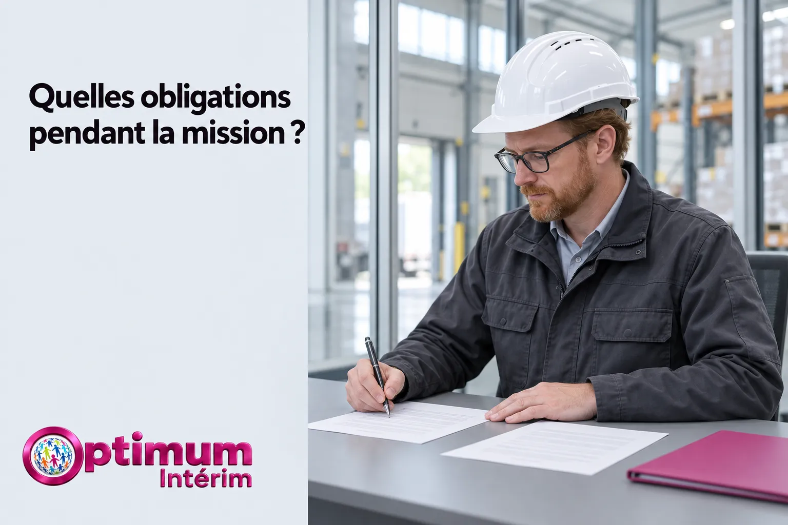 Un homme portant casque et chemise grise signe des documents sur une table.