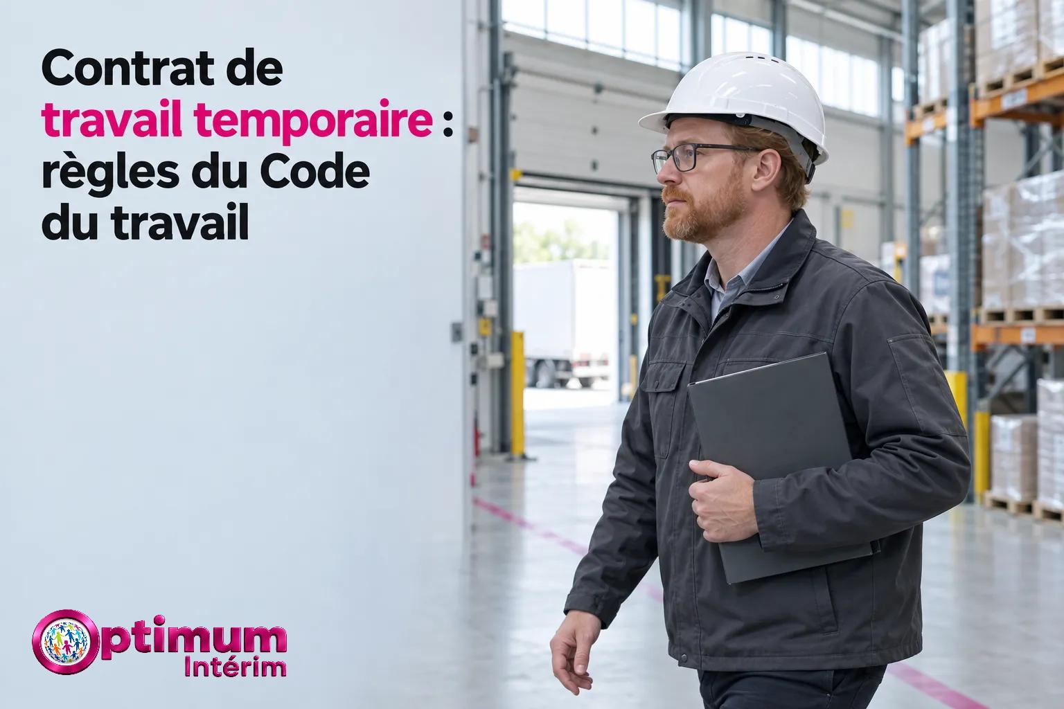 Homme portant casque et veste sombre, marchant dans un entrepôt en extérieur, tenant un dossier noir.
