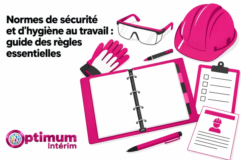 Normes de sécurité et d'hygiène au travail : guide des règles essentielles illustré avec casque, gants, carnet, lunettes et EPI.